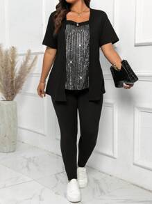Calvaya Plus Size Decor Soft Contrast Sequin Short Sleeve T-Shirt And Fitted Pants Casual 2 Pieces Outfits For Summer