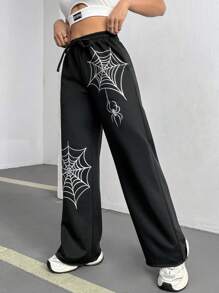 SHEIN EZwear Pantalones De Chándal Con Pierna Recta Y Diseño De Araña Para Mujer - Negro - Ver 5