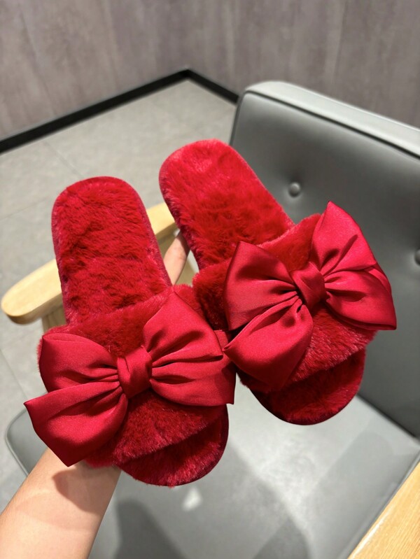 Women Elegant Red Bowknot Flat Plush Slippers, Perfect For Valentine's Day Party And Home, Halloween, Christmas