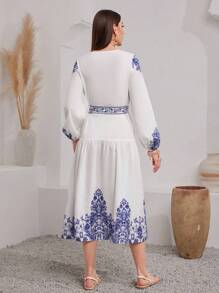 Seusyu Printed Lantern Sleeve Dress Fall Cloth For Women - White - View 2