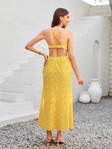 GENKIRA 女式無袖露背細肩帶迷你向日葵印花連衣裙 - 黃色 - 查看 2