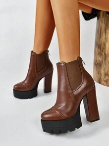 秋冬女高跟及踝長短靴黑色靴子冬季保暖短靴粗跟拉鍊後背戶外短靴 - 酒紅色 - 查看 3