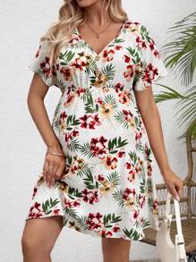 SHEIN 熱帶印花v領孕婦蝙蝠袖短裙 - 白色 - 查看 5