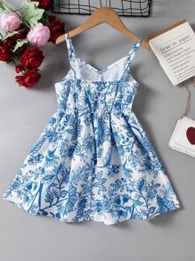 SHEIN 小女孩的花卉印花细肩带连衣裙蓝色碎花连衣裙夏季连衣裙女童 - 藍色 - 查看 2