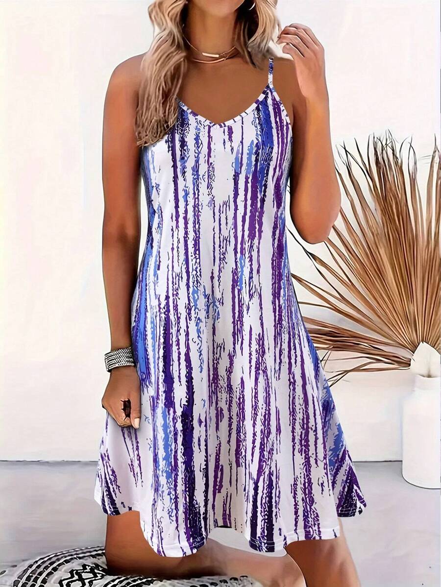 女士时尚条纹吊带连衣裙，适合春夏穿着，休闲V领无袖A字吊带裙，适合休闲夏季穿着，波西米亚风海滩度假派对优雅装扮 - 紫色 - 查看 1