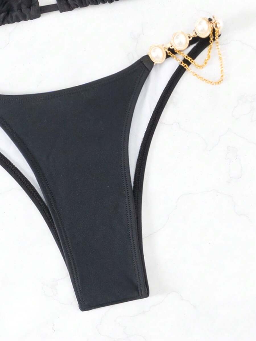 SHEIN Swim Women's Halter Bikini Set Summer Beach - Black - View 1