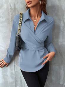 SHEIN Clasi Solid Color Wrap Back Tie Front Shirt - Dusty Blue - View 4