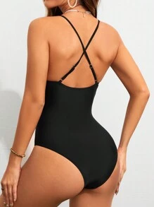 Women's Solid Color Ruffle Detailing One-Piece Swimsuit With V-Neckline Music Festival - Black - View 2
