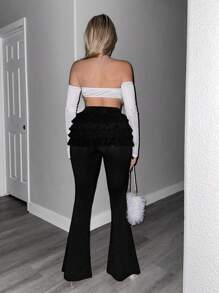 Sweetina Low-Waist Ruffled Cake Layer Lace Tight Flared Pants - Black - View 7