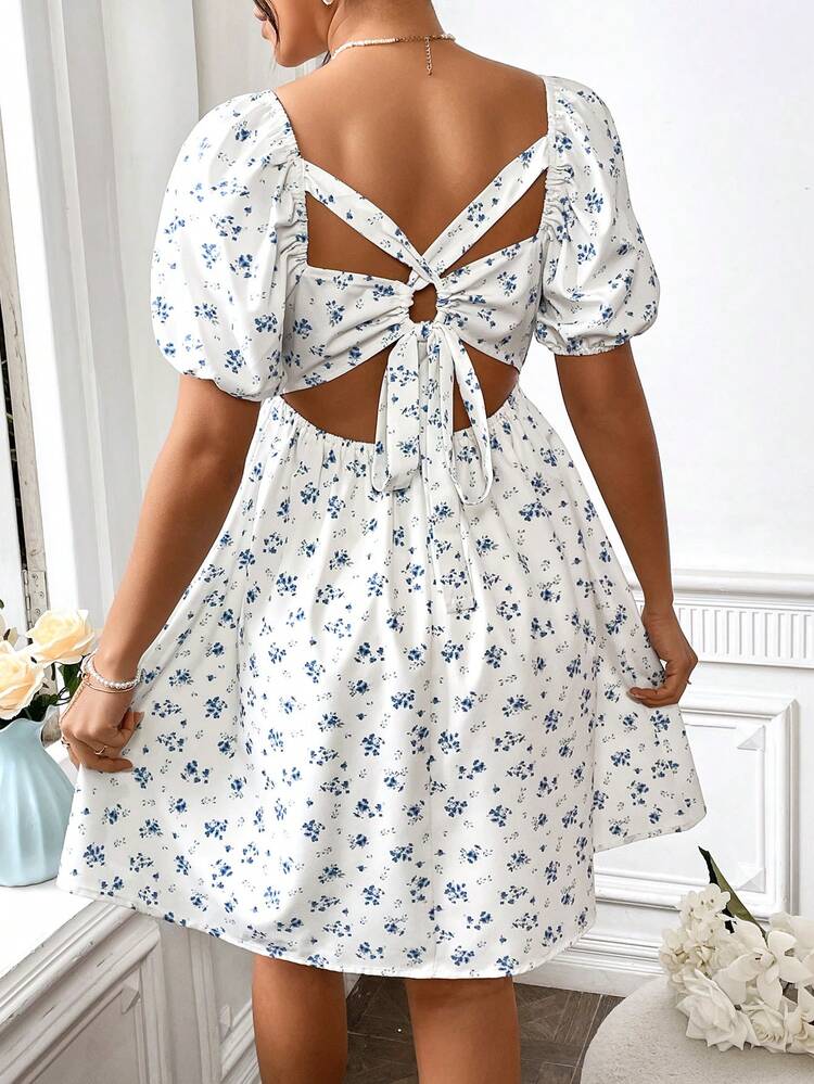 Knotted Back Cut-Out Floral Print Dress