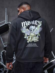 Manfinity LEGND 男裝大尺碼連帽衫,帶有天使圖案和標語,下垂肩設計 - 黑色 - 查看 1