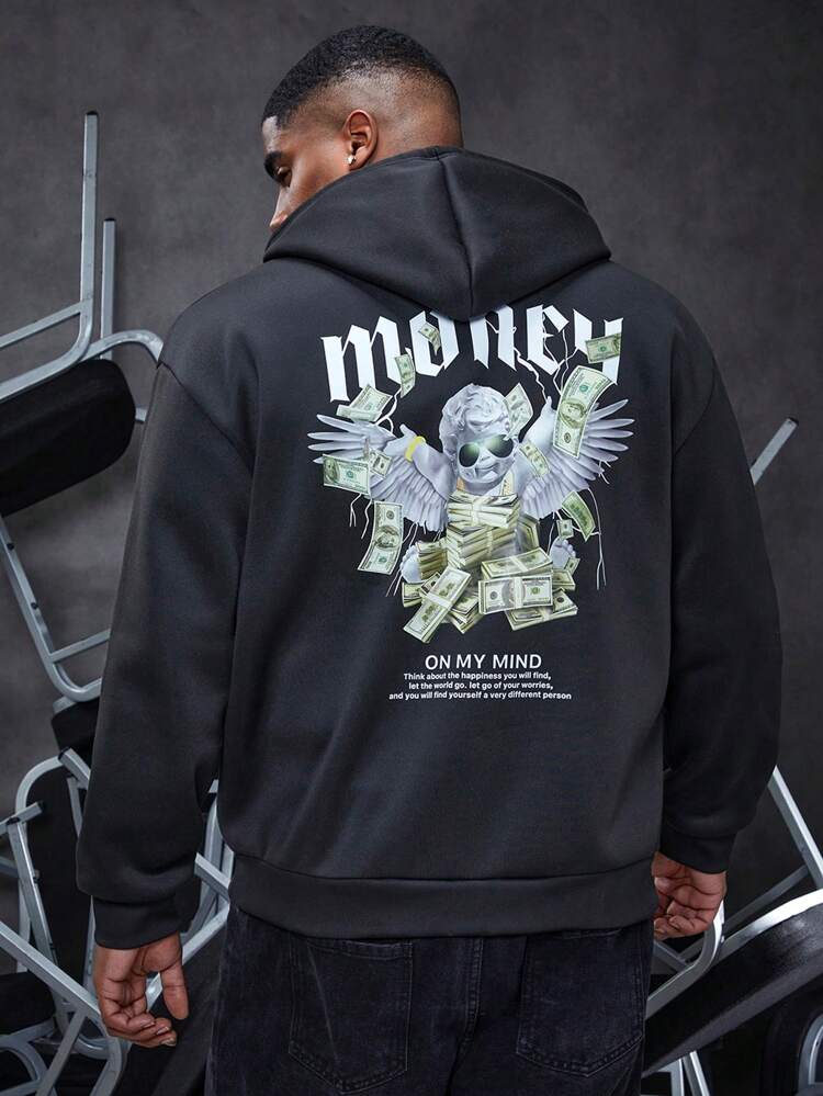 Men's Plus Size Hoodie With Angel Pattern And Slogan, Drop Shoulder