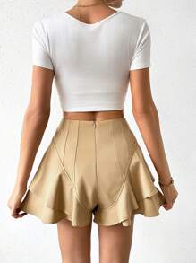 SHEIN LUNE Shorts De Pierna Ancha Con Botones Delanteros Para Mujer - Caqui - Ver 2