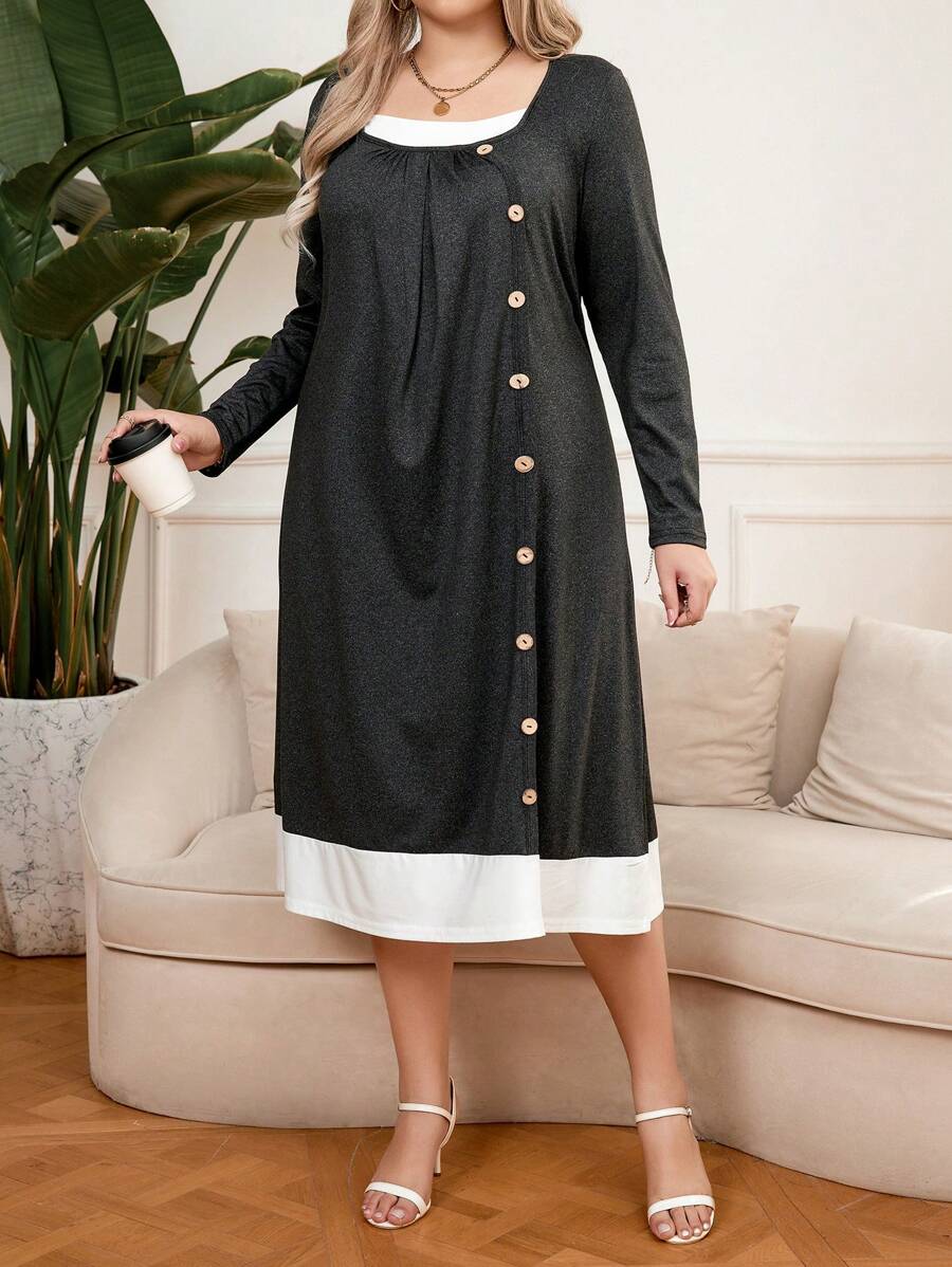 SHEIN LUNE Vestido De Talla Grande Con Botones Y Adornos En Bloque De Colores - Gris - Ver 1