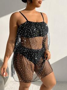 SHEIN Swim Curve 大码女式闪亮网眼无袖比基尼夏季 - 黑色 - 查看 5