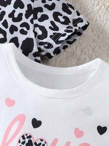 Baby Girl Leopard Print & Heart Pattern Round Neck Casual Short Sleeve T-Shirt 3pcs/Set For Summer - Multicolor - View 5
