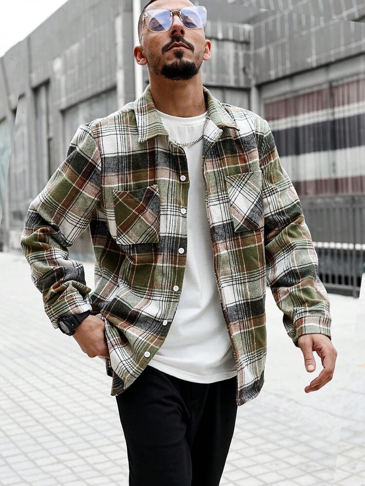 Loose Men's Grid Pattern Shacket With Front Pockets