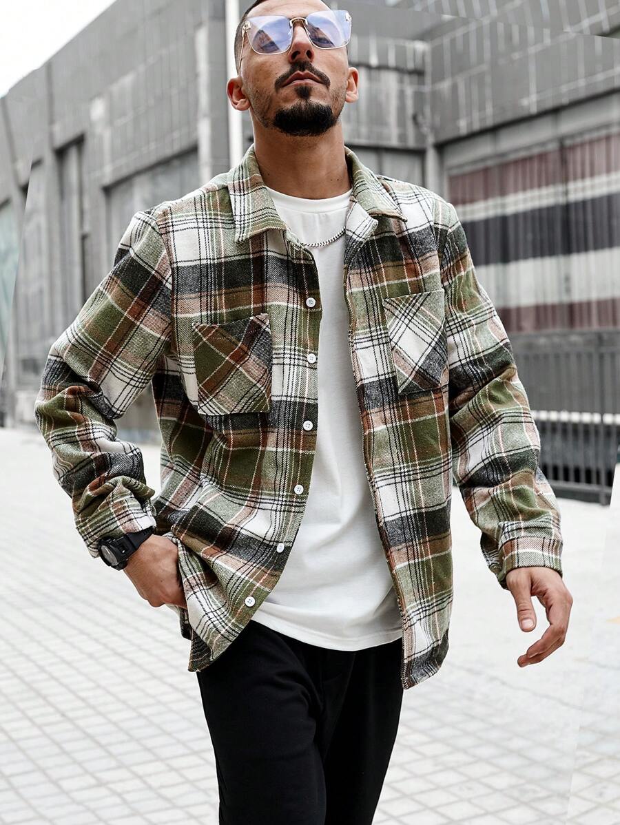 Manfinity Homme Loose Men's Grid Pattern Shacket With Front Pockets - Multicolor - View 1