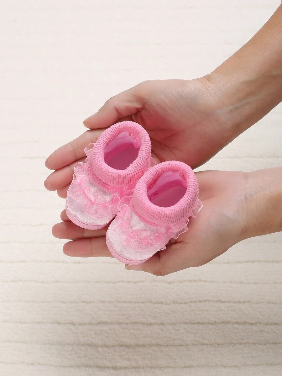 Infant Girls' Fashionable Flat Shoes With Pink Frill Trim Decoration - Pink - View 1