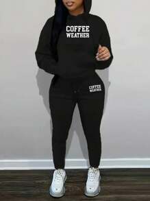 SHEIN EZwear 女裝字母印花連帽衫和運動長褲兩件套裝 - 黑色 - 查看 1