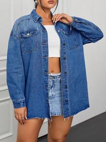 Women'S Frayed Edge Drop Shoulder Denim Shirt Top - Medium Wash - View 5