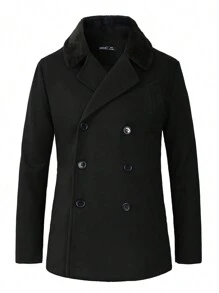 男士翻領雙排扣大衣 - 黑色 - 查看 3