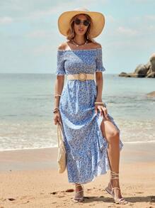 Breezaya Women'S Off-Shoulder Floral Dress - Blue and White - View 1