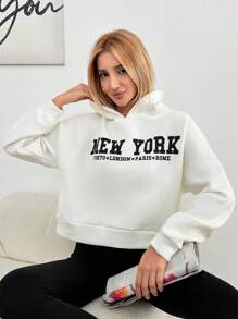 EURMUSE Slogan Graphic Drop Shoulder Hoodie - White - View 3