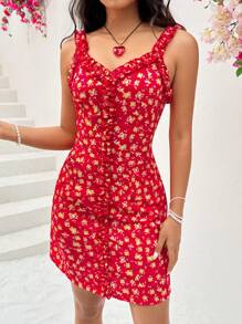 Soleia Ladies' Floral Print Frill Hem Short Dress - Red - View 5