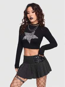 ROMWE PUNK Women's Glitter Star Pattern Long Sleeve Sweater