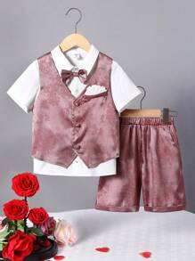 Conjunto de 3 piezas para niños pequeños que incluye chaleco, pantalones y camisa de tela jacquard brillante con patrón sutil