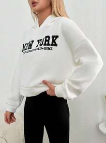 EURMUSE Slogan Graphic Drop Shoulder Hoodie - White - View 6