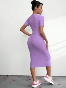 SHEIN Essnce 女性短款休閒情人節連衣裙,裸露縫線設計 - 紫丁香色 - 查看 4