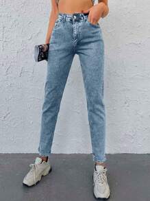 EURMUSE 女士休闲修身口袋纽扣牛仔裤 - 藍色 - 查看 3