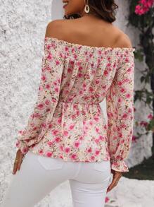 SHEIN Clasi Random Floral Printed Hollow Out Flare Sleeve Blouse - Multicolor - View 2