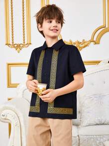 Tween Boy'S Casual Collared Geometric Pattern Jacquard Woven Shirt - Blue - View 5