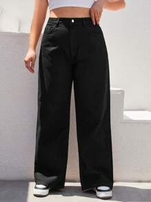 RueChic Plus Size  High Waist Wide Leg Jeans - Black - View 1