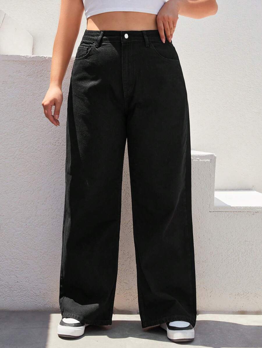 RueChic Plus Size  High Waist Wide Leg Jeans - Black - View 1