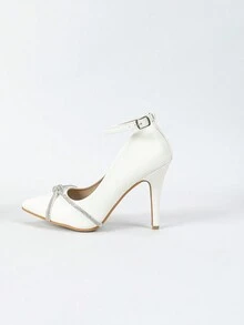 Women's Charm Pointed Toe Ankle Strap Stiletto Heels With Rhinestone & Bowtie Decor, Simple Buckle - White - View 5
