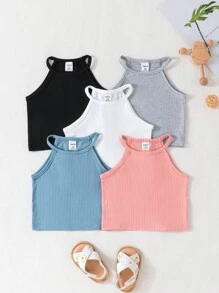 Baby Girl 5pcs/Set Casual Summer Solid Ribbed Halter Neck Tank Top - Multicolor - View 3
