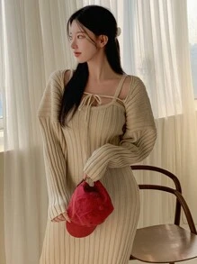 DAZY Của phụ nữ Màu thuần Dệt kim gân sọc Đầm Áo len - Màu be - Xem 3