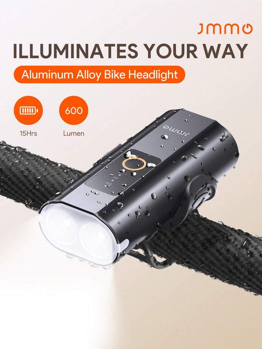 JMMO 自行车前灯，可充电自行车前灯 600 流明，3 种亮度级别，2600mAh 电池和 360 度旋转支架，IP64 防水安全，适用于公路、山地、夜间骑行圣诞礼物，秋冬假期露营必备品，度假配件，露营用品