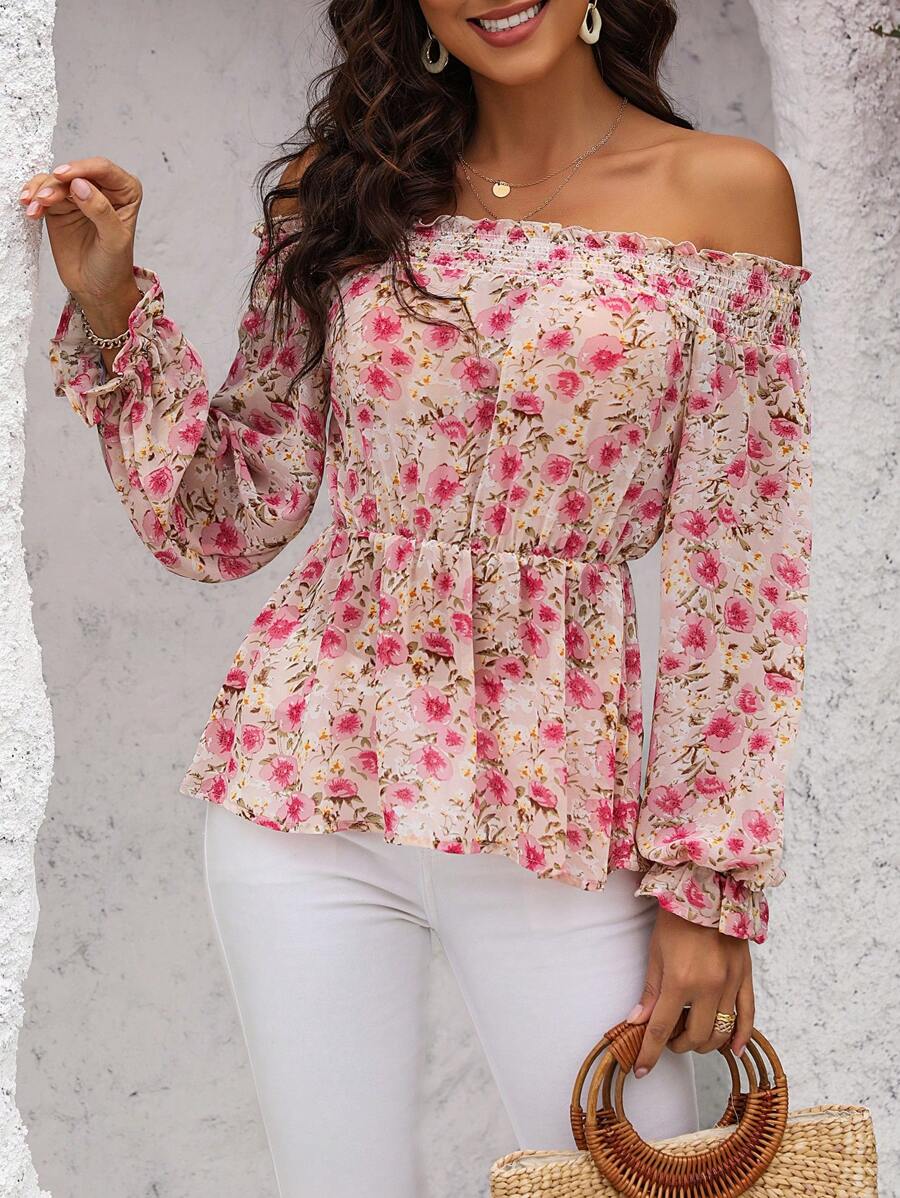 SHEIN Clasi Random Floral Printed Hollow Out Flare Sleeve Blouse - Multicolor - View 1