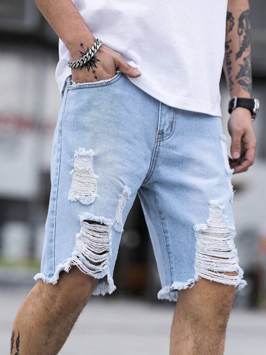 Manfinity LEGND Nam Kích thước lớn Rách Và Frayed Cạnh Quần short Denim - Rửa nhẹ - Xem 1