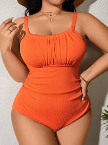 SHEIN Swim Curve Plus Size Women's Summer Beach Textured Ruched Cami One-Piece Swimsuit Bathing Suit - Burnt Orange - View 1