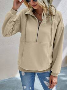 SHEIN LUNE Một nửa khóa kéo Túi kangaroo Thả vai Dây rút Áo nỉ - Màu be - Xem 5