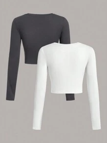 SHEIN EZwear 2 件套休闲纯色圆领长袖修身女式 T 恤，适合春秋季节 - 彩色 - 查看 2