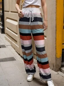 Chiquease Women's Random Color Block Striped Drawstring Waist Pants Fall Cloth For Women - Multicolor - View 1