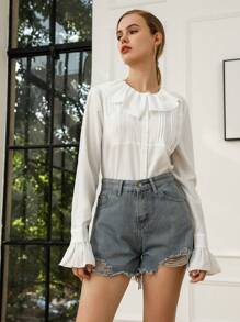 Anewsta Women'S Ruffle Trim Long Sleeve Shirt