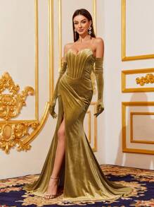 Bộ váy nhung Bandeau xẻ cao xếp nếp có tay cho nữ - Màu be - Xem 4